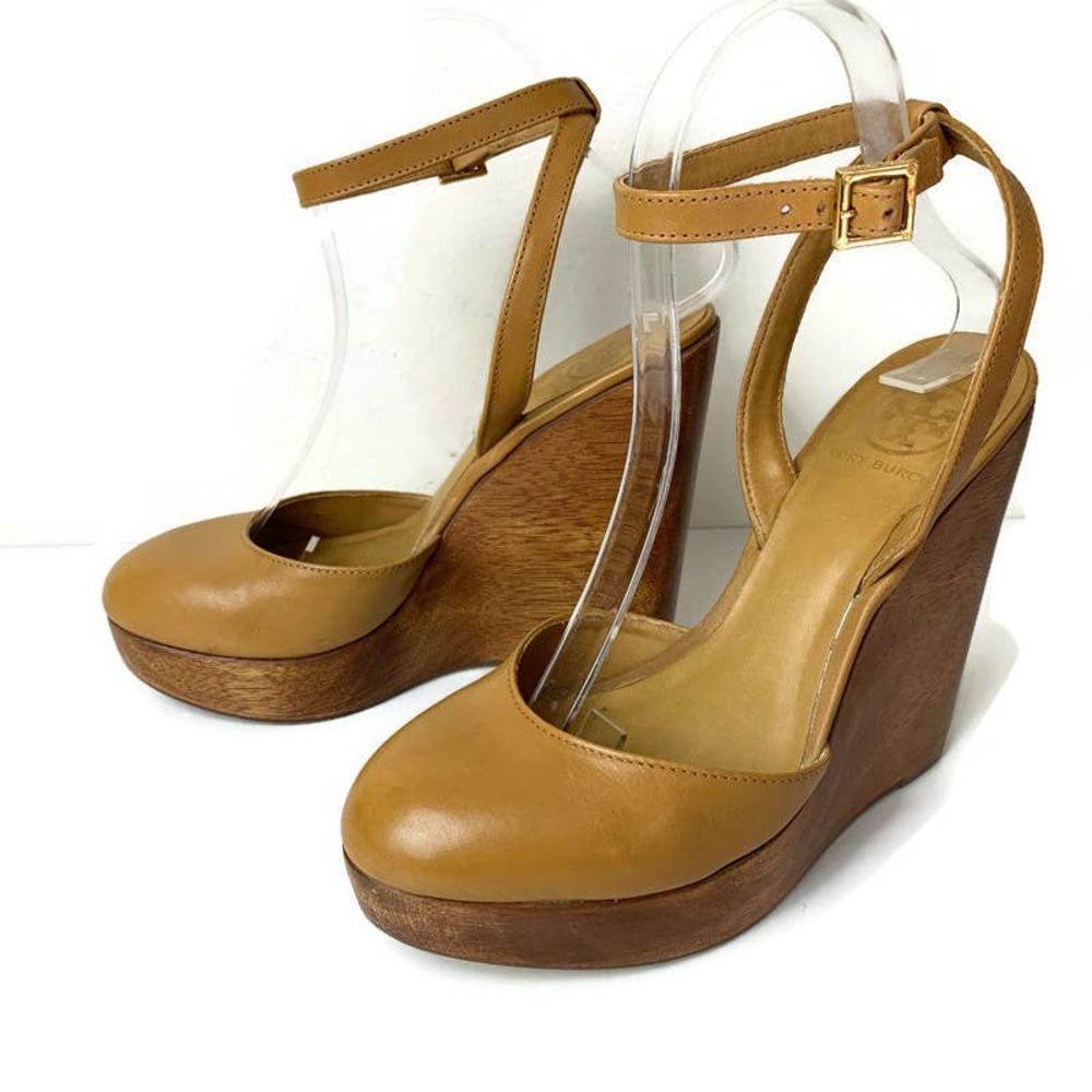 Tory Burch Brown Drea Wood Closed Toe Ankle Straps Heels Wedge Sandals 7.5 M